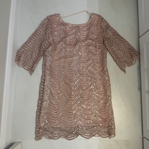 GIANNI BINl Rose Gold Sequin Wavy Lace Shift Dress Size L Cocktail Party - Picture 2 of 12